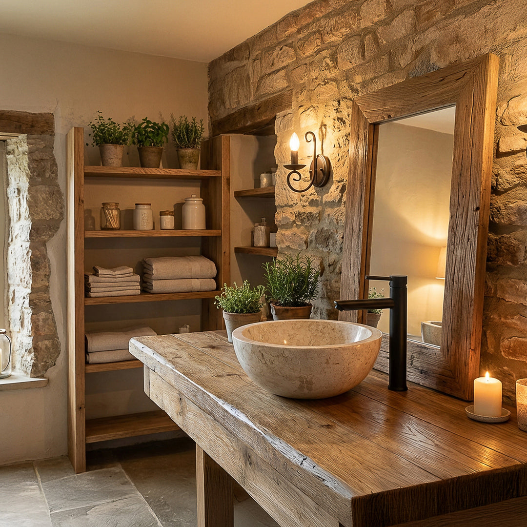Lavabo sobre encimera redondo de piedra clara sobre una mesa rústica de madera con accesorios negros en un cálido baño de casa de campo