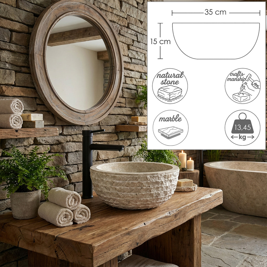 Lavabo sobre encimera redondo de piedra natural con superficie texturizada, mostrado sobre un lavabo de madera con gráficos dimensionales (35 cm, 15 cm, 13,45 kg)
