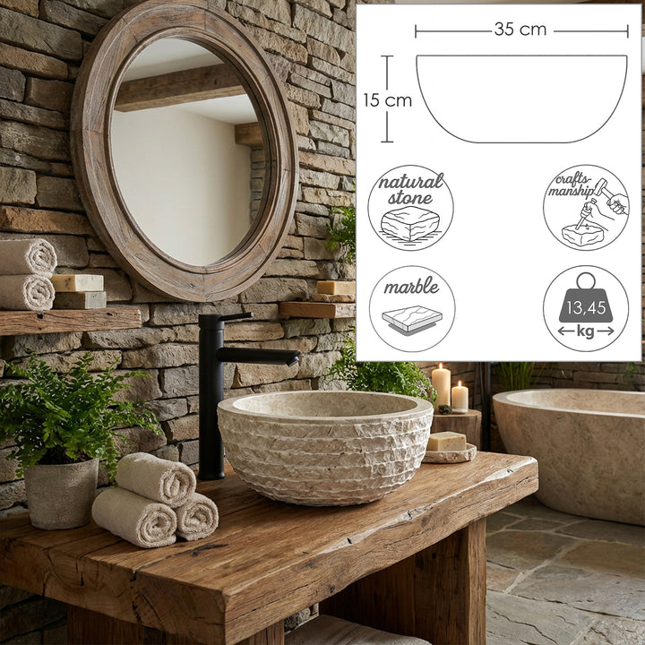 Lavabo sobre encimera redondo de piedra natural con superficie texturizada, mostrado sobre un lavabo de madera con gráficos dimensionales (35 cm, 15 cm, 13,45 kg)