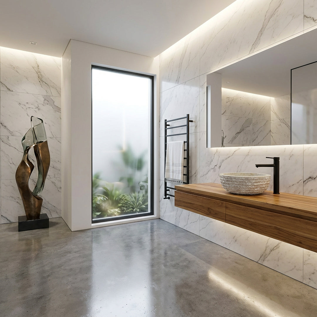 Lavabo de piedra moderno como lavabo sobre encimera sobre un lavabo flotante de madera en un baño luminoso con azulejos de piedra natural