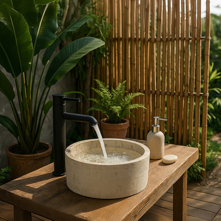 Mármol redondoLavabo sobre una mesa de madera rústica, combinado con una grifería negra en un ambiente de baño cálido y natural.