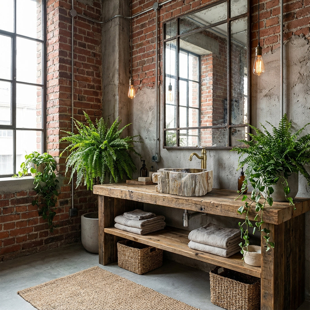 Lavabo de piedra a modo de lavabo sobre encimera sobre consola rústica de madera, baño industrial con pared de ladrillo, plantas y luz cálida.