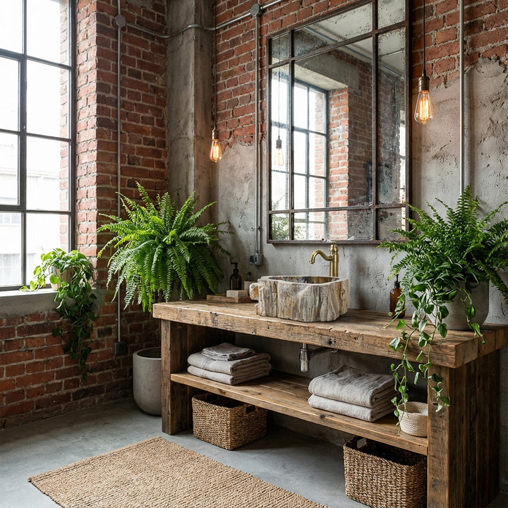 Lavabo de piedra a modo de lavabo sobre encimera sobre consola rústica de madera, baño industrial con pared de ladrillo, plantas y luz cálida.