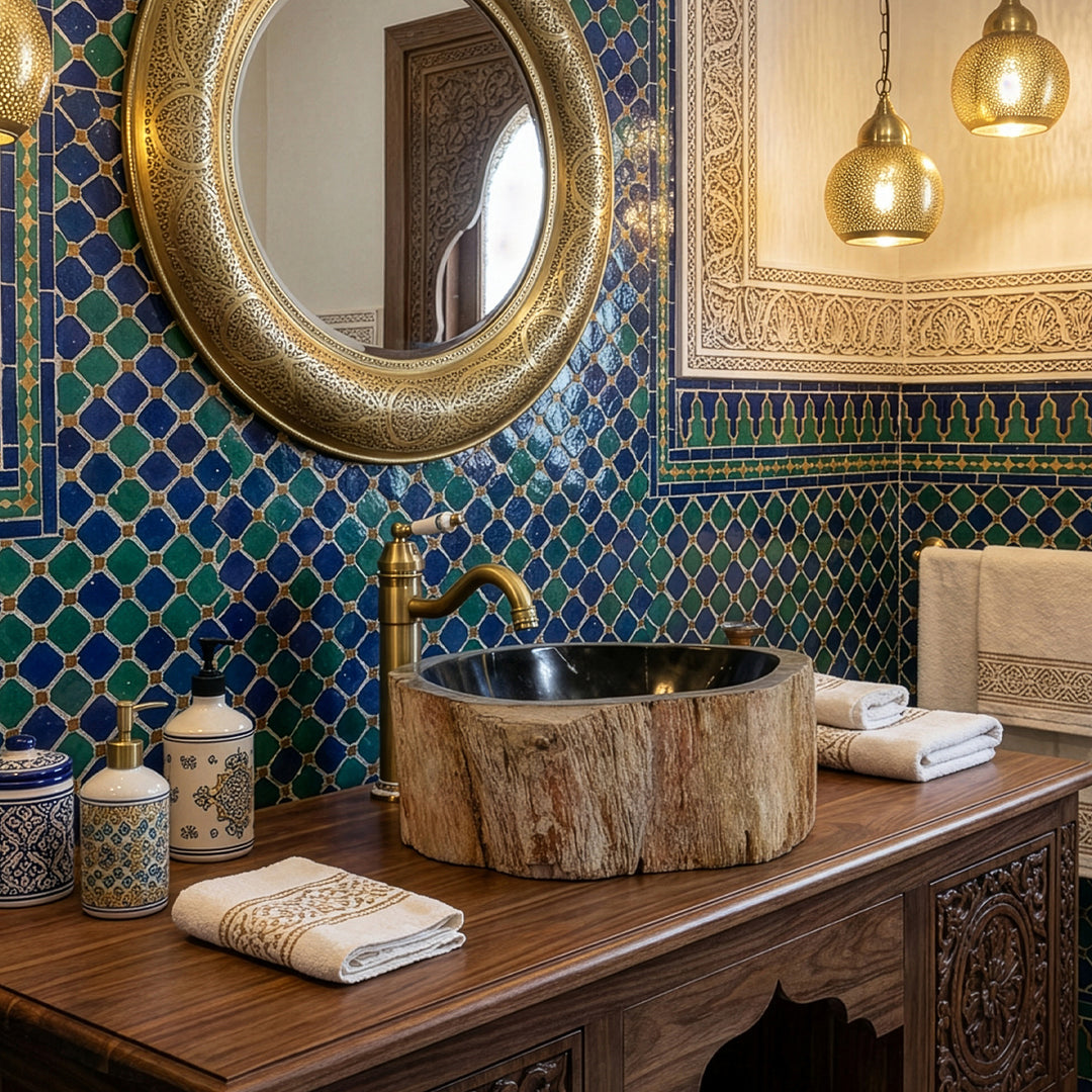 Lavabo sobre encimera de piedra de madera petrificada sobre consola de madera, baño oriental con azulejos zellige, herrajes de latón e iluminación cálida.