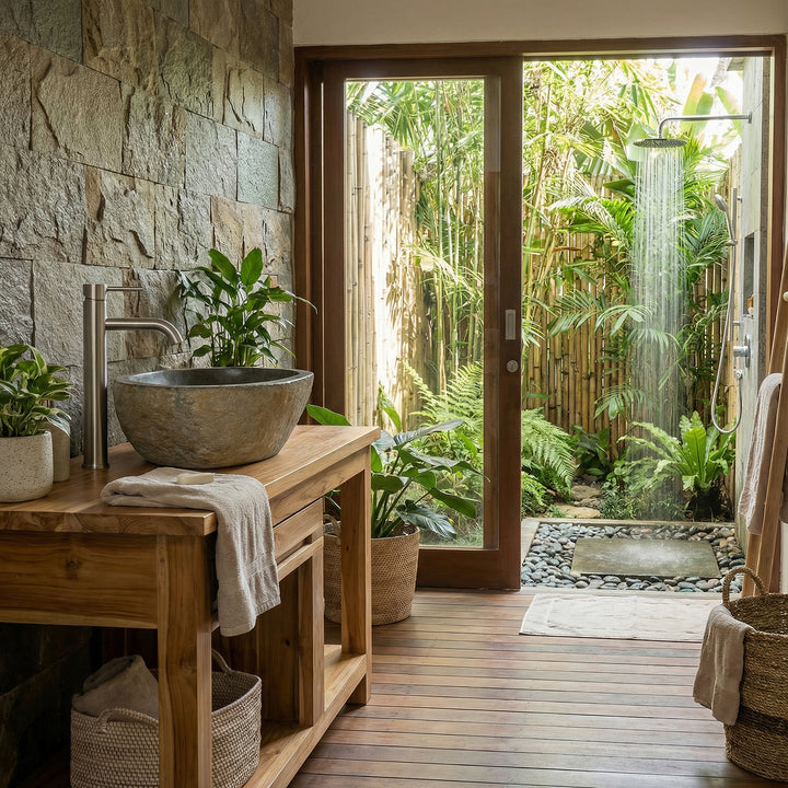 Lavabo de piedra en el baño spa abierto sobre un tocador de madera, con una pared de piedra natural, plantas y vistas al jardín