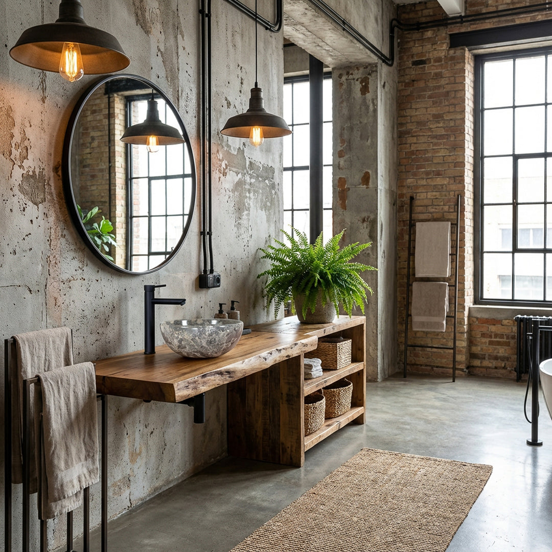 Lavabo redondo de mármol con grano gris sobre tocador de madera en un baño tipo loft industrial, combinado con grifo negro, paredes de ladrillo, luces colgantes y mucha luz natural