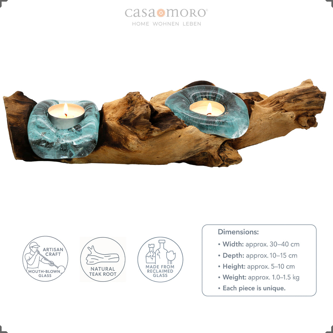 Teelichthalter aus Glas und Wurzelholz mit Maßangaben, handgefertigtes Unikat aus mundgeblasenem Glas und natürlichem Teakholz.
